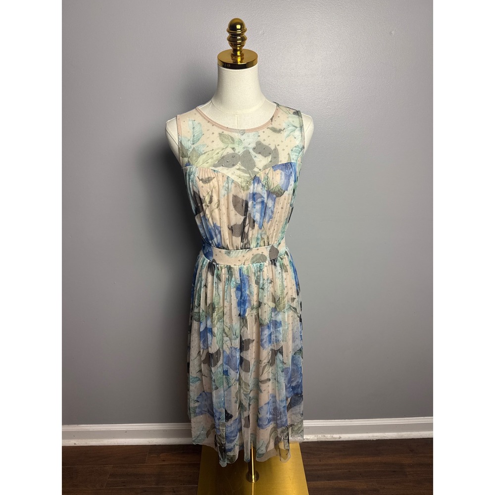 Candalite Floral Midi Dress Women Size S Blue Excellent Glitter Mesh Overlay